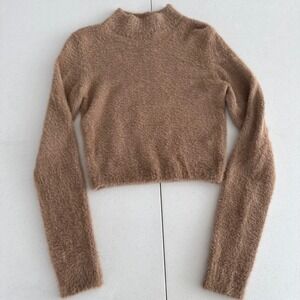 Hollister Tan Fuzzy Preppy Cropped Sweater Eyelash Knit Brown Small Cozy Soft
